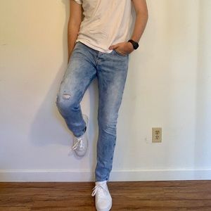 Slim Tapered Ripped Light Wash Denim